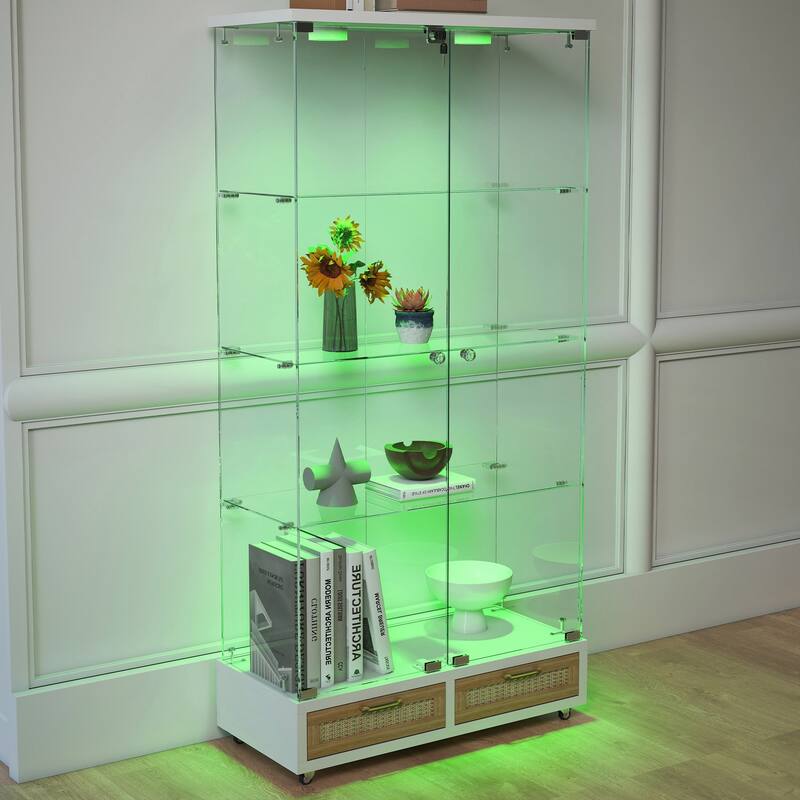 Modern Glass Display Cabinet with Large Drawer for Living Room and Bedroom