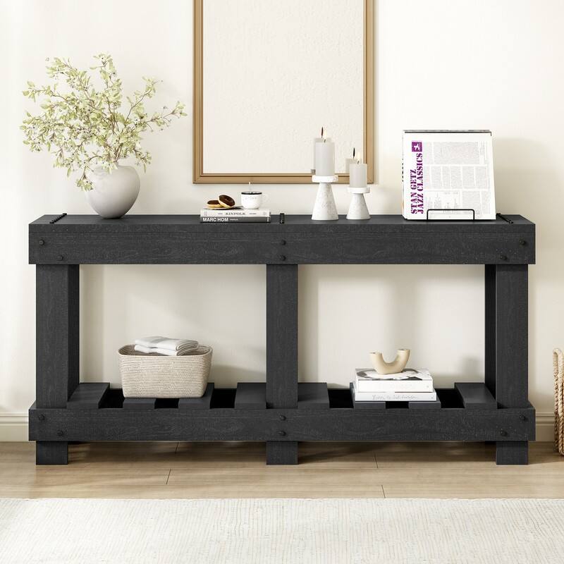 62.9" Vintage Entryway Table - Fir Solid Wood with Natural Grain, 6 Reinforced Legs & 4.5" Thick Desktop - Black