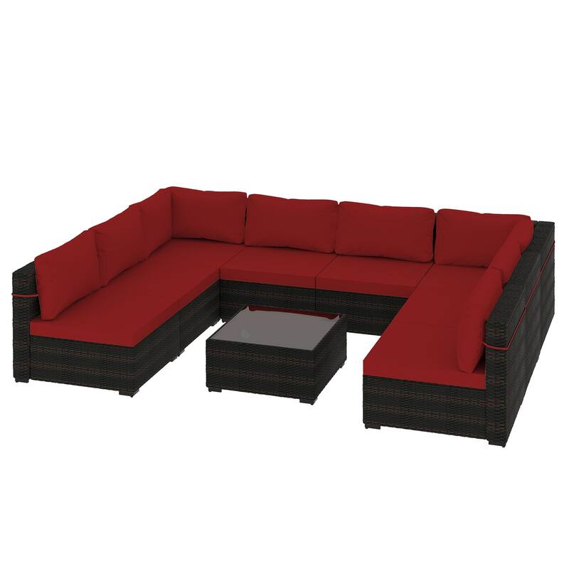 Patio Watcher Outdoor 8 Seater Rattan Sectional Set with Cusions and Coffe Table