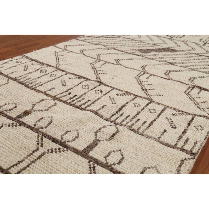 Geometric Ivory Moroccan Oriental Runner Rug Hand-Knotted Wool Carpet - 3'10"x 12'7"