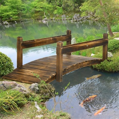 Solid Fir Wood Garden Bridge with Arched Handrails and Planters for Zen Gardens Walkways Ponds