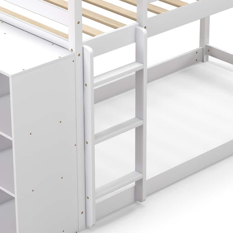 Gymax Twin Over Twin Bunk Bed Wood Frame Storage Shelves Ladder