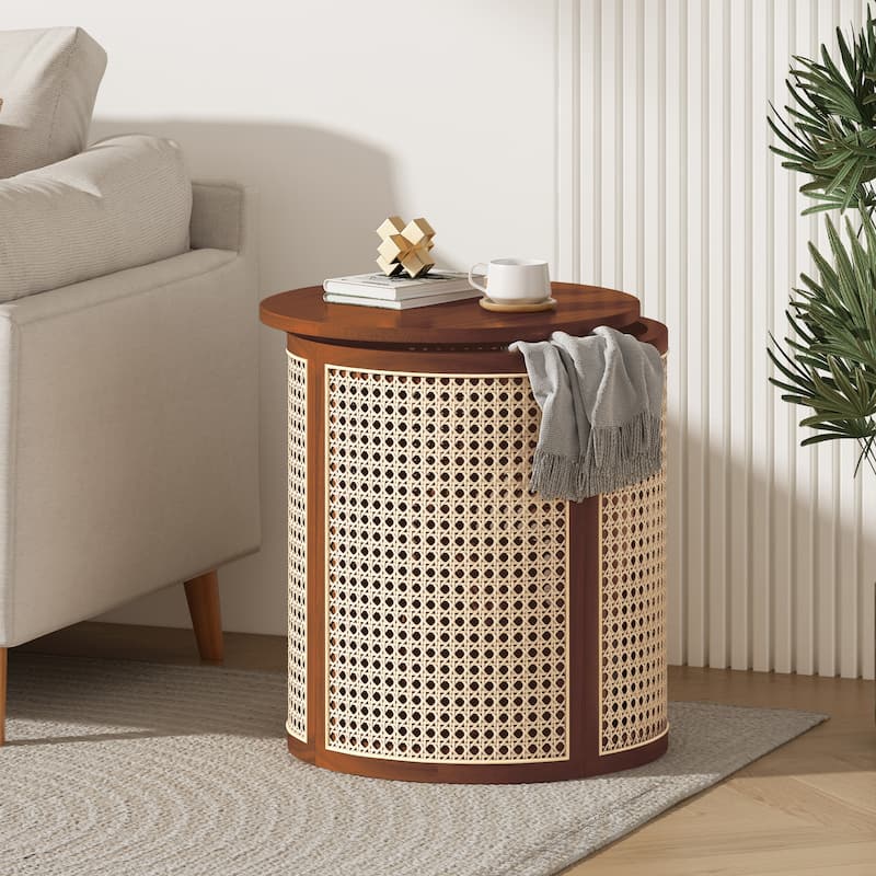 15.70" Round End Table, Hollow Woven Side Table, Small Rubber Wood Nightstand, Rattan Woven Tea Desk - Dark Brown