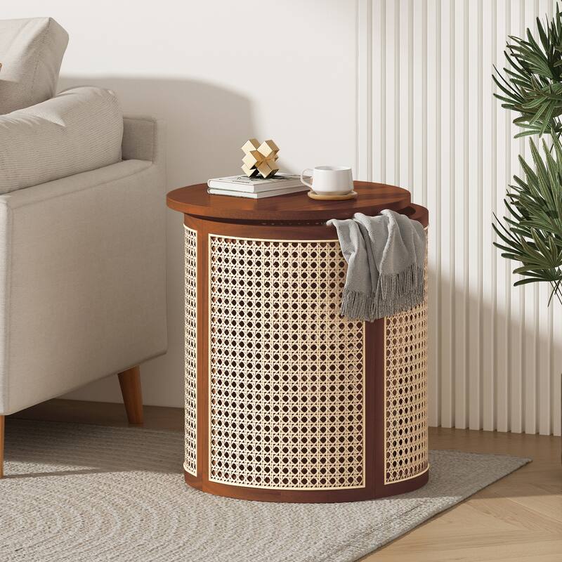 Roomfitters 15.7" Round End Table, Modern Hollow Woven Side Table with Solid Rubber Wood Tabletop and Rattan Accents - Dark Brown