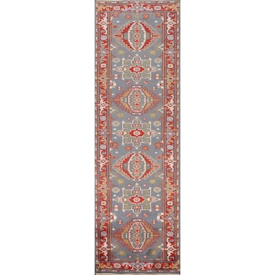 Blue Geometric Khotan Oriental Runner Rug Handmade Wool Carpet - 2'6"x 10'0"