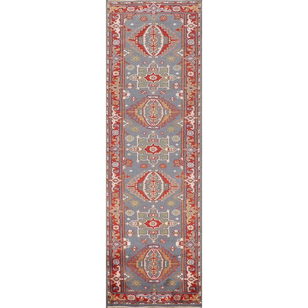 Blue Geometric Khotan Oriental Runner Rug Handmade Wool Carpet - 2'6"x 10'0"