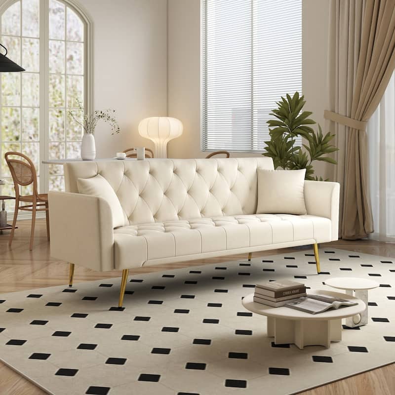 72" Modern Convertible Velvet Tufted Sofa with 2 Pillows - Beige