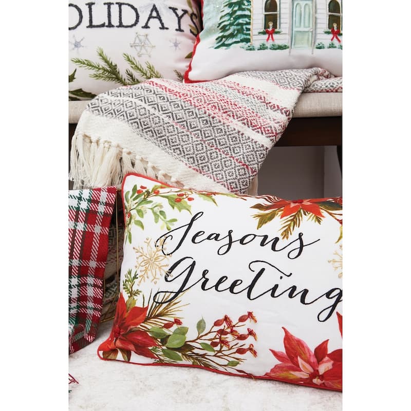 Seasons Greetings Poinsettia Printed and Embroidered Throw Pillow