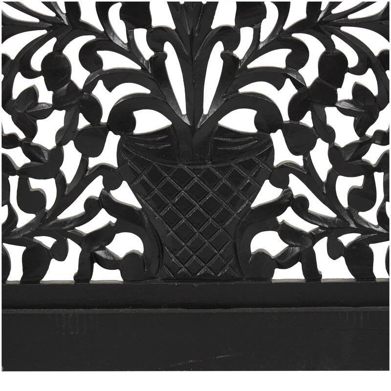 Black Wooden Handmade Large Flat Freestanding Carved Floral Partition Room Divider Screen