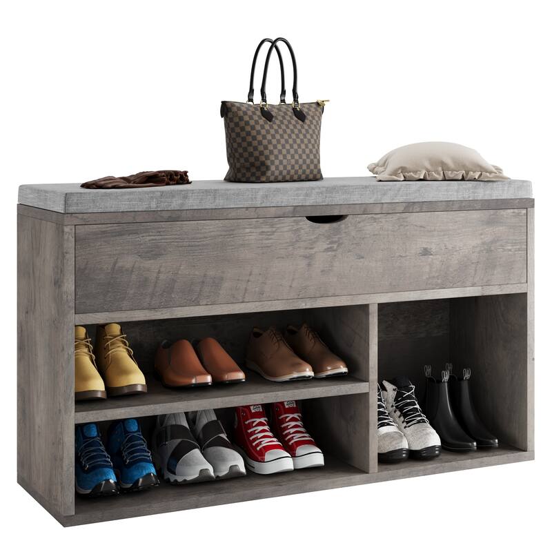 Shoe Storage Bench with a Cushioned Seat and 2 Tiers of Shelves