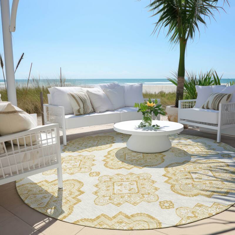 Machine Washable Indoor/ Outdoor Chantille Moroccan Boho Rug - Gold - 8' x 8'