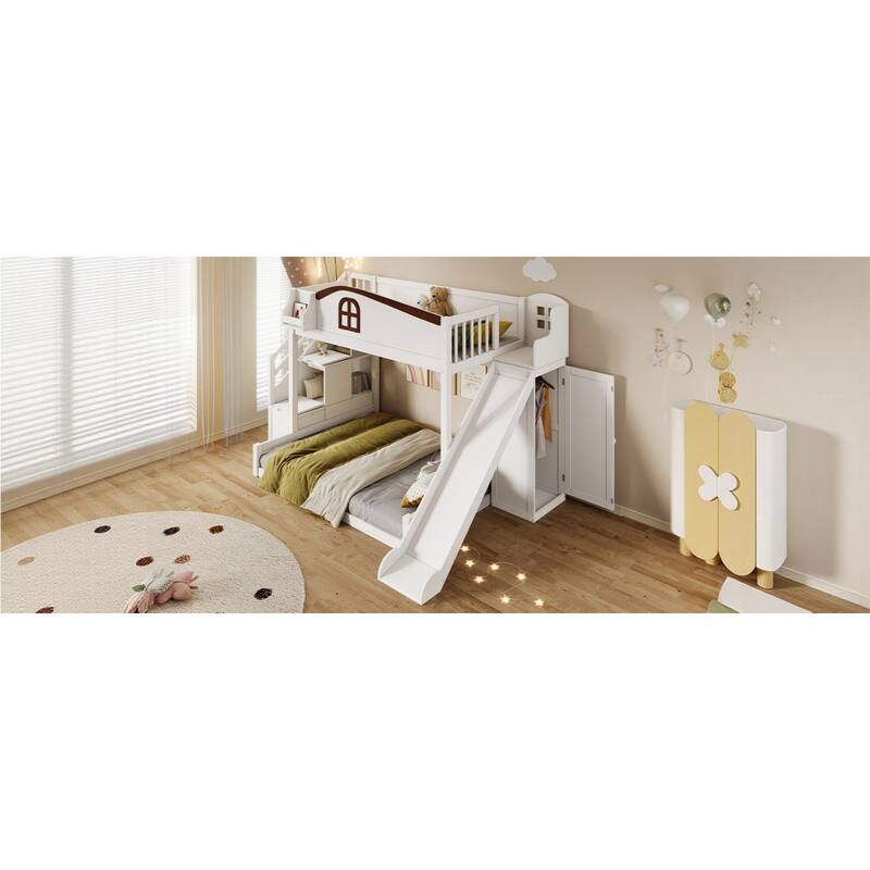 Roomfitters Twin Over Full Bunk Bed with Slide, Wardrobe and Storage Staircase