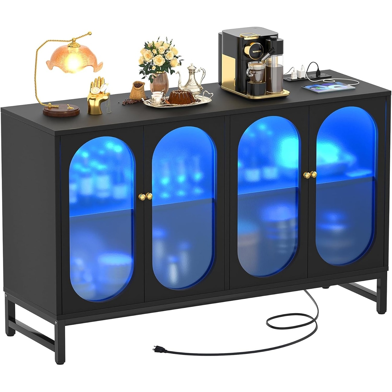 Modern Sideboard Cabinet with Power Outlet, LED Light, 4 Doors, Coffee Bar Console for Kitchen & Dining, Black