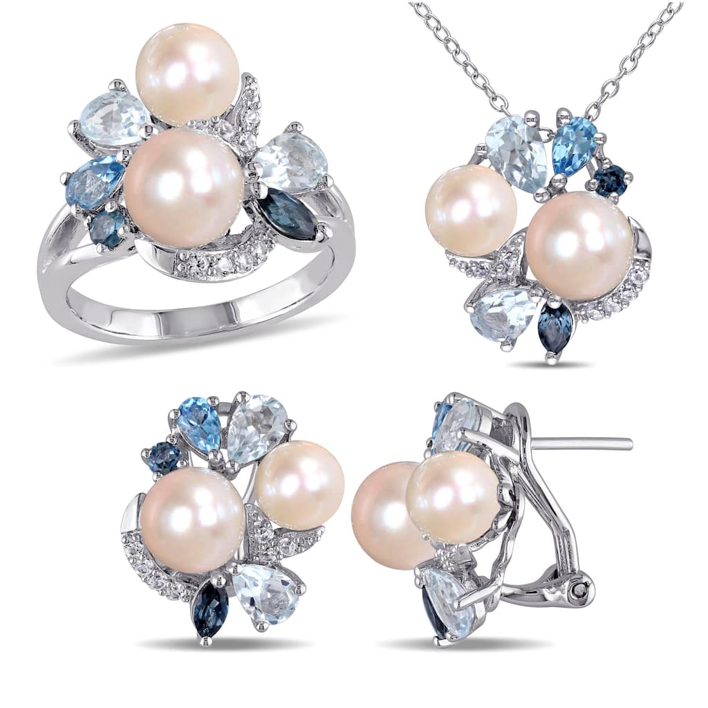 Miadora Cultured Freshwater Pearl 6 2/5ct TGW Created White Sapphire Blue Topaz Jewelry Set Sterling Silver