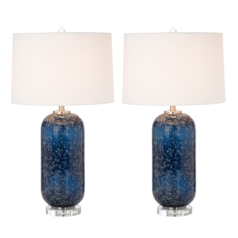 30" Set of 2 Blue Crystal Table Lamps with White Fabric Drum Shade and Cylinder Shape Base for Bedroom - 30”H x 17”W x 17”D