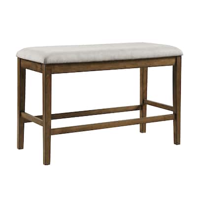 Wooden Frame Counter Bench Light Oak Finish Gray Textured Fabric