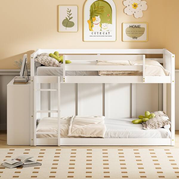 slide 2 of 15, Full over Full White Floor Bunk Bed w/ 4 Drawers, Convertible Ladders White - Full