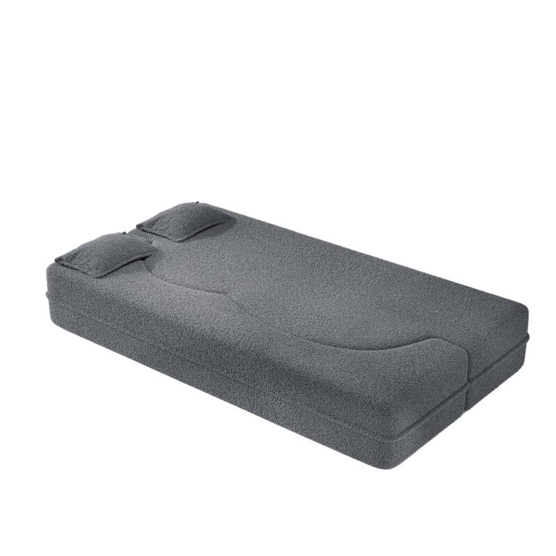 Anmytek Convertible Teddy Fabric Floor Sofa Bed Twin Size Folding Mattress with 2 Pillows Dark Grey