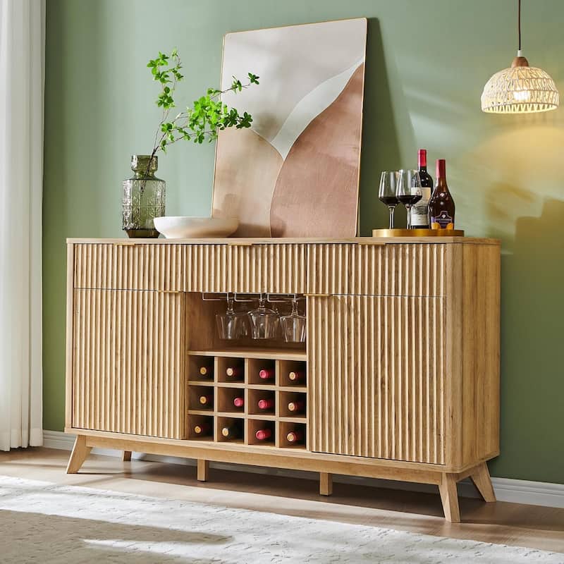 Modern Fluted Wine Bar Cabinet, Coffee Bar Cabinet w/Wine & Glass Rack - Natural Oak