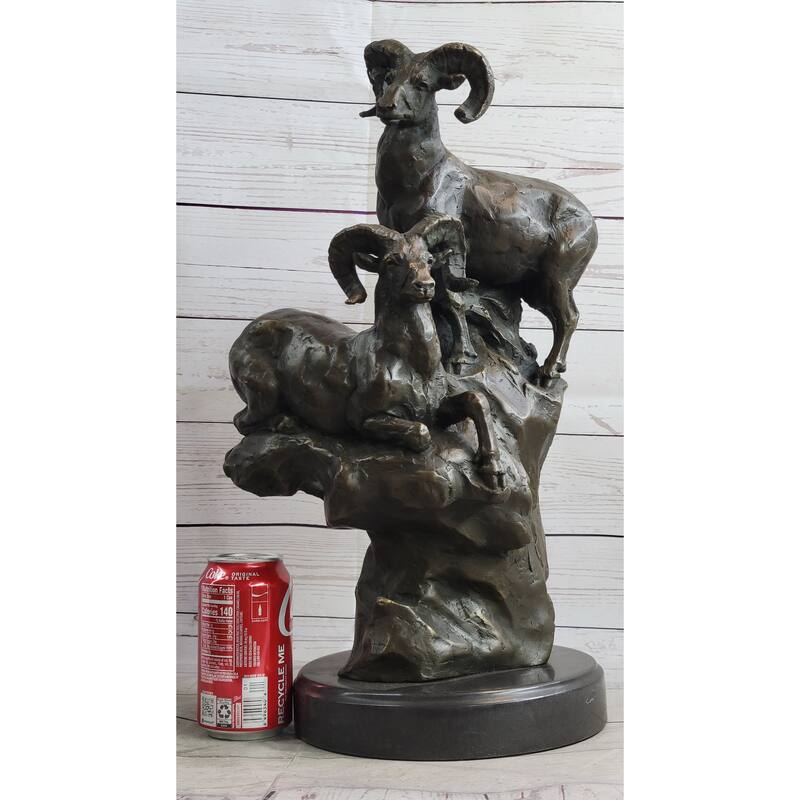 Rams Goats On Rocks Bronze Sculpture Statue Wildlife Art Decor On Marble Base