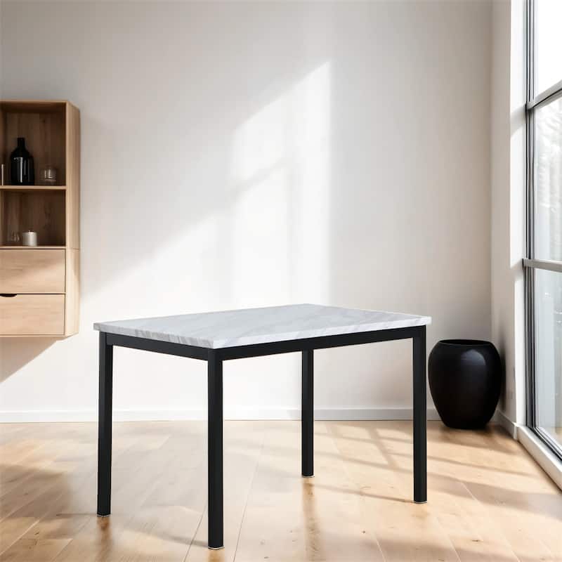 Metal Dining Table with Laminated Faux Marble Top, Off-white
