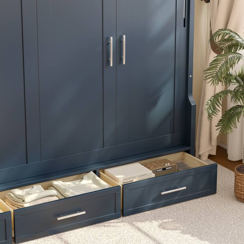 Murphy Platform Bed with Side Cabinets & Drawers, Wall Bed with Shelf for Home Office, Queen or Full