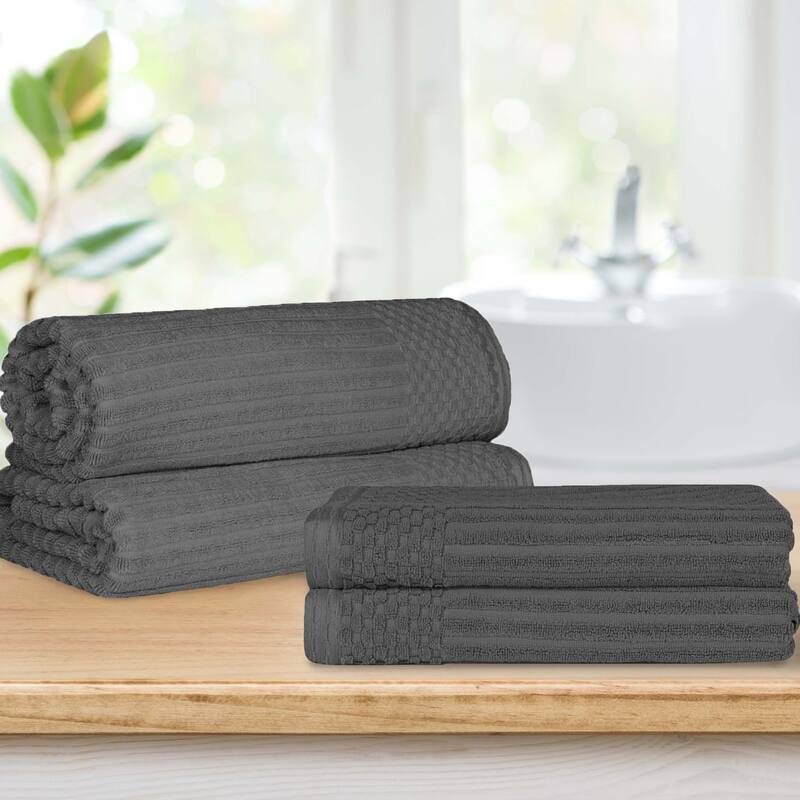 Superior Ribbed Cotton Absorbent Heavyweight Bath Sheet and Bath Towel Set - Charcoal