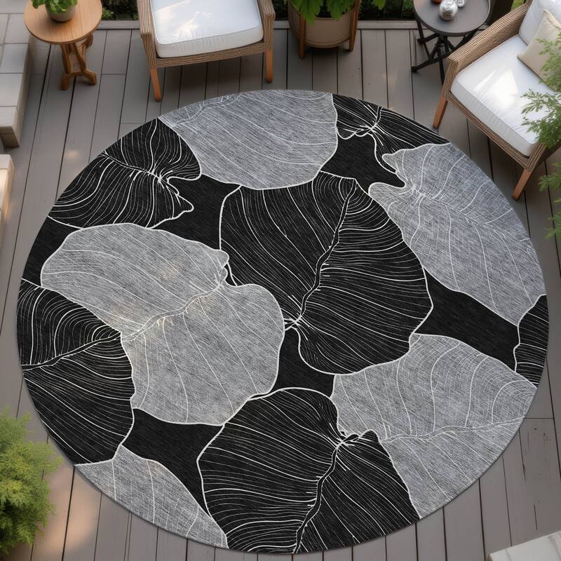 Machine Washable Indoor/ Outdoor Tropical Floral Chantille Rug - Black - 8' x 8'