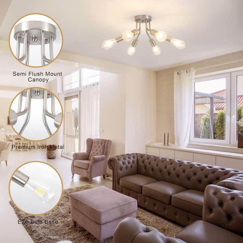 6-Light Modern Sputnik Light Fixture Semi Flush Mount Ceiling Lighting - 14.76' W