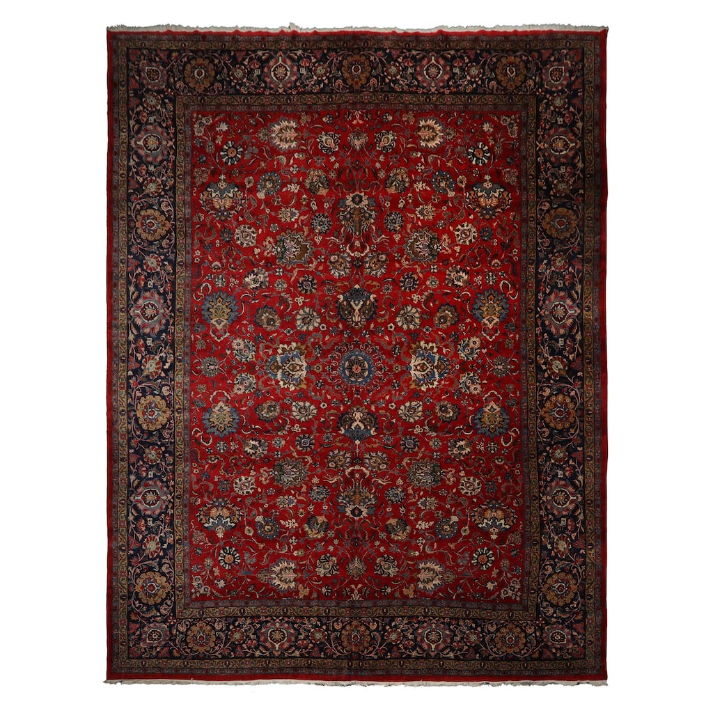 12'5''x16'5'' Hand Knotted Wool 300 KPSI Red Traditional Botanical Kerman Rug - 12' 5'' x 16' 5''