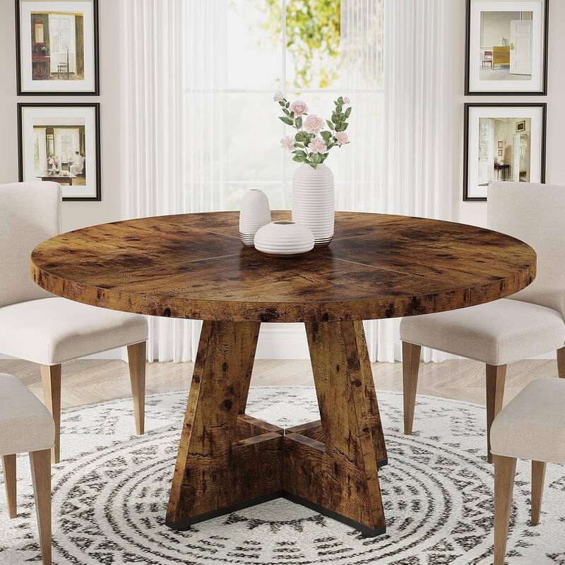47" Round Wood Dining Table 4-Seater Farmhouse with Wooden Tabletop Cross Base for Dining Room/Kitchen