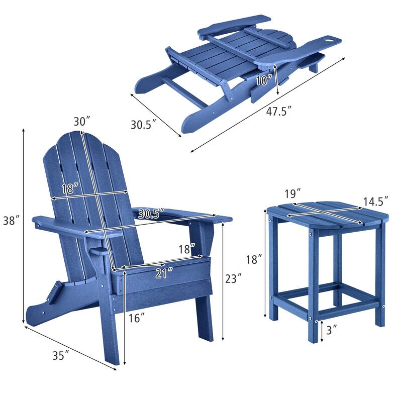 Gymax 3 PCS Patio Folding Adirondack Chair Side Table Cup Holder HDPE