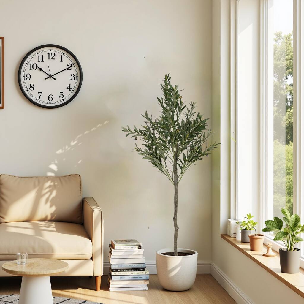 Roomfitters 66'' Artificial Olive Tree, Tall Faux Indoor Plant with Black Plastic Pot for Home Decor, Green