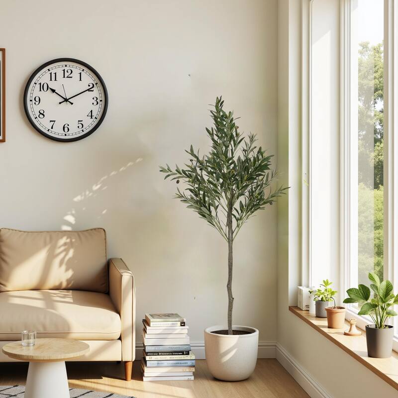 Roomfitters 66'' Artificial Olive Tree, Tall Faux Indoor Plant with Black Plastic Pot for Home Decor, Green - Green