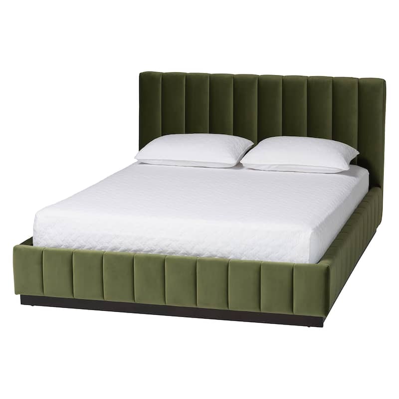 Granger Velvet Upholstered Platform Bed with Channel Tufted Headboard, Modern Low Profile Bed Frame - Moss Green