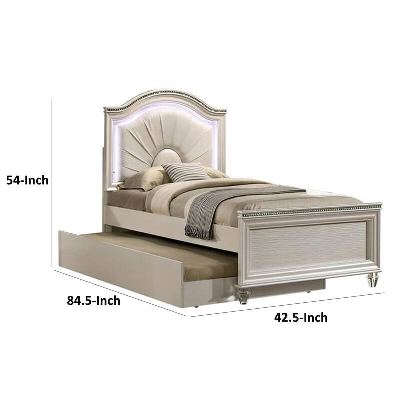 Jisoo Twin Size Bed, Pearl White Upholstery, Radial Arch Headboard