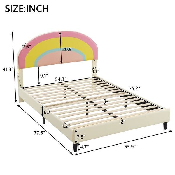 dimension image slide 0 of 2, Twin or Full Size Upholstered PU Kids Platform Bed with Rainbow Shaped and Height-adjustbale Headboard, LED Bed Frame