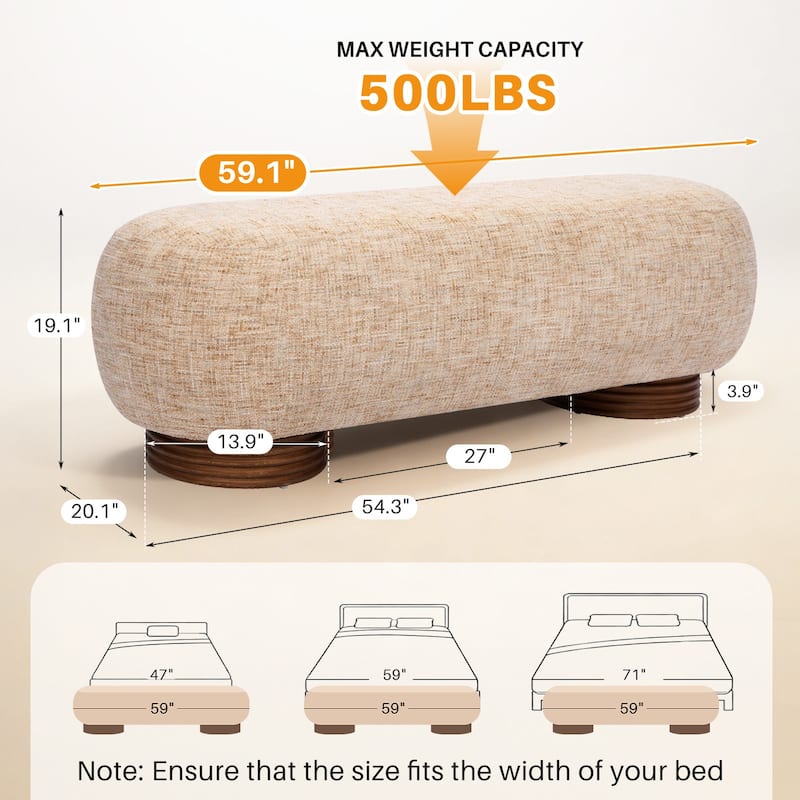59-Inch Chenille Upholstered Ottoman Bench with Acacia Solid Wood Frame - 59.1"L x 19.1"H x 20.1"D