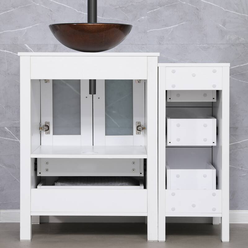 36" White Bathroom Vanity Sink Set with Side Cabinet Vessel Sink Faucet Combo