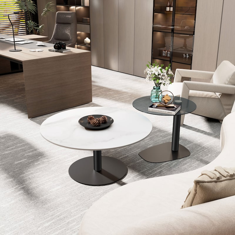 Modern Round Nesting Coffee Table Sintered Stone Tempered Glass Top - 32"x16"