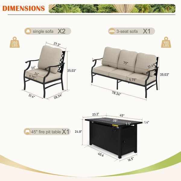 dimension image slide 14 of 19, MAISON ARTS Outdoor Sofa Set 4/6-Piece Patio Conversation Set with 45'' Gas Fire Pit Table