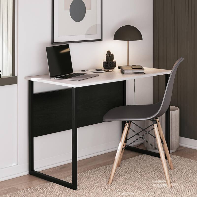 Anmytek White Modern Home Office Desk Large Surface Black Metal Legs U Shape Study Writing Workspace