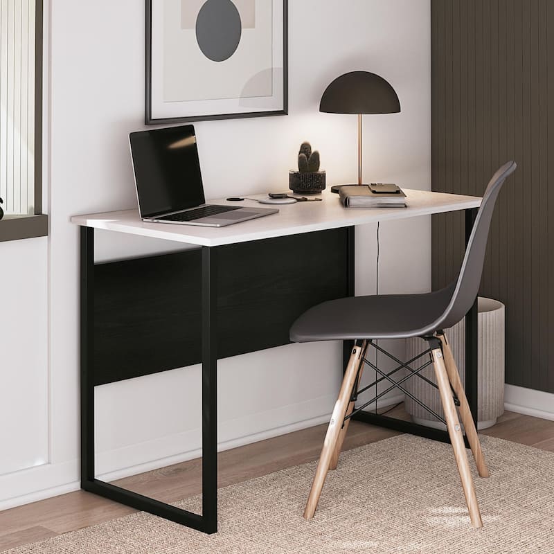 Roomfitters Sorina Writing Desk with U-Shaped Metal Legs and Two-Tone Finish, White and Light Oak