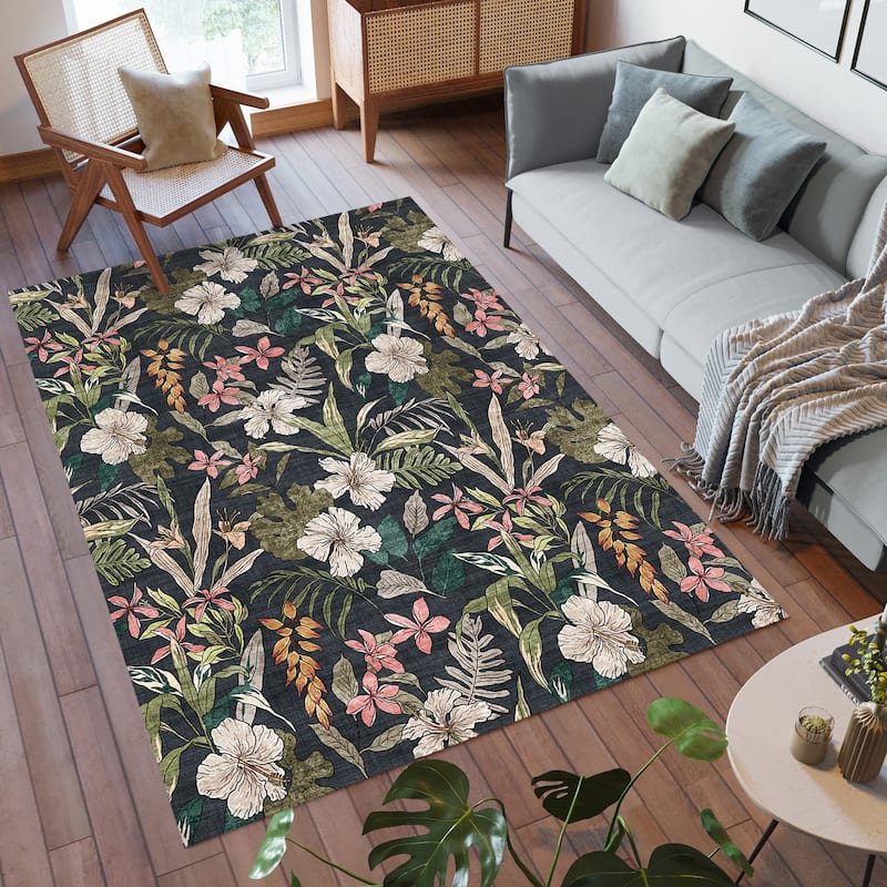 Gertmenian Crystal Print Soft Flat Pile Polyester Slip Resistant Washable Indoor Printed Area Rug Collection - 5' x 7' - Thea Black - Rectangle