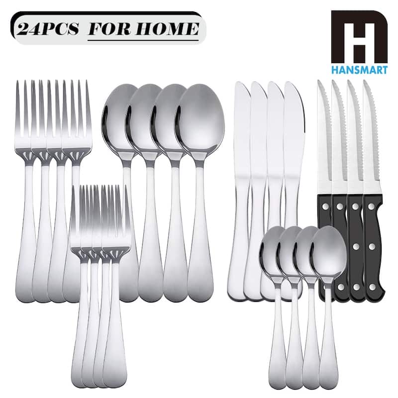 48 Pieces Flatware Set With Steak Knives Stainless Steel Service For 8 - 24 pcs Silver