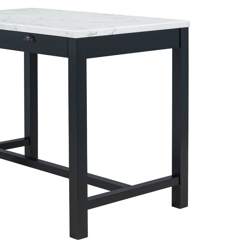 3 Pcs Counter Height Dining Table Set, Breakfast Nook Table Set for 2, Marble Table with Storage Drawers and 2 Padded Stools