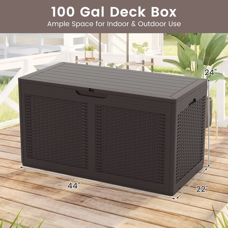 100 Gallon Outdoor Lockable Lid Deck Box with Wheels and Bench Seating for Patio Storage or Backyard Use