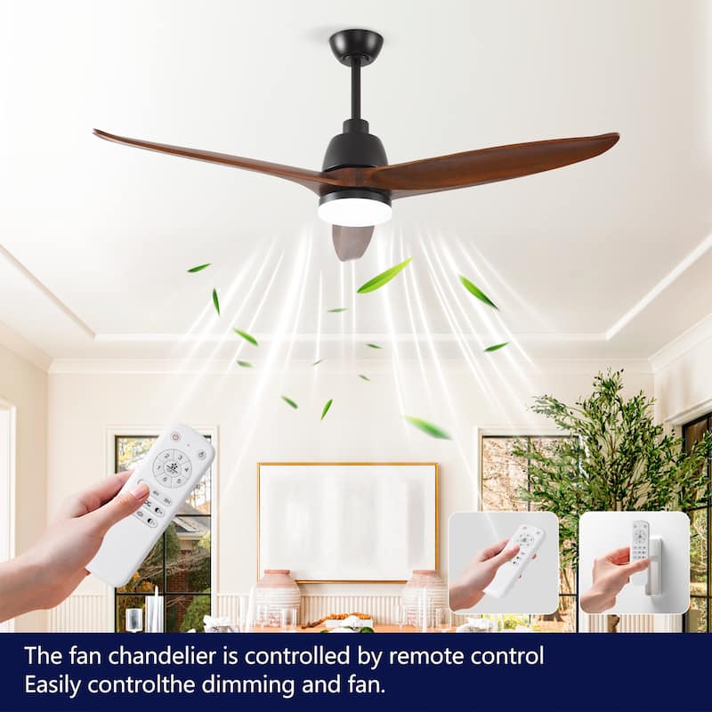 Hot sales 52 Inch Black Ceiling Fan With 3 Color Dimmable 5 Solide Wood Blades Remote Control Reversible DC Motor With Led Light