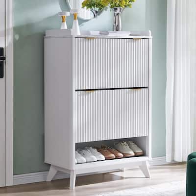 Fluted Shoe Storage Cabinet, Deep Shoe Organizer, Wooden Shoe Rack