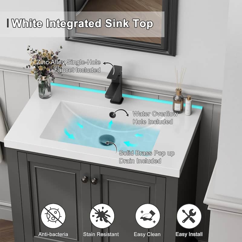 Retro Bathroom Vanity Cabinet Solid Wood Classic with Ceramic Sink